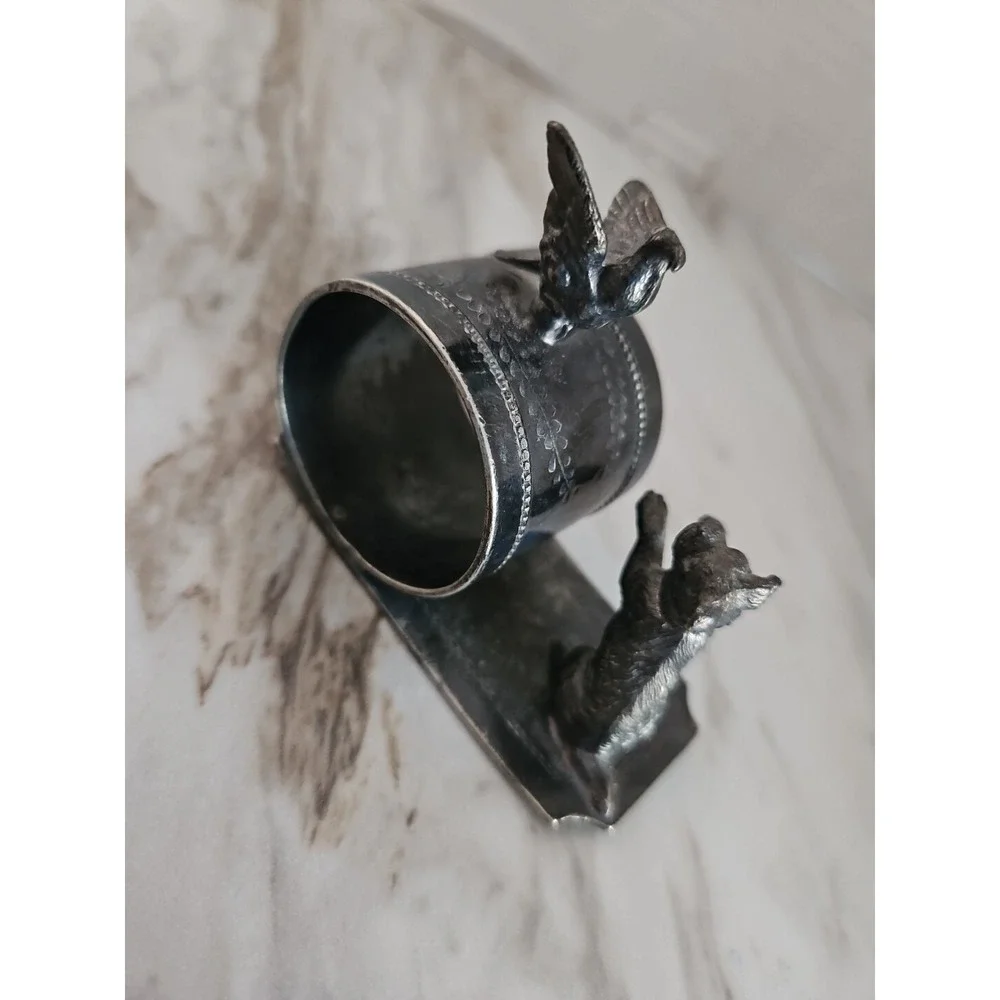 Victorian Silver Plated Figural Napkin Ring w/Dog & Bird - Inscribed Mattie
